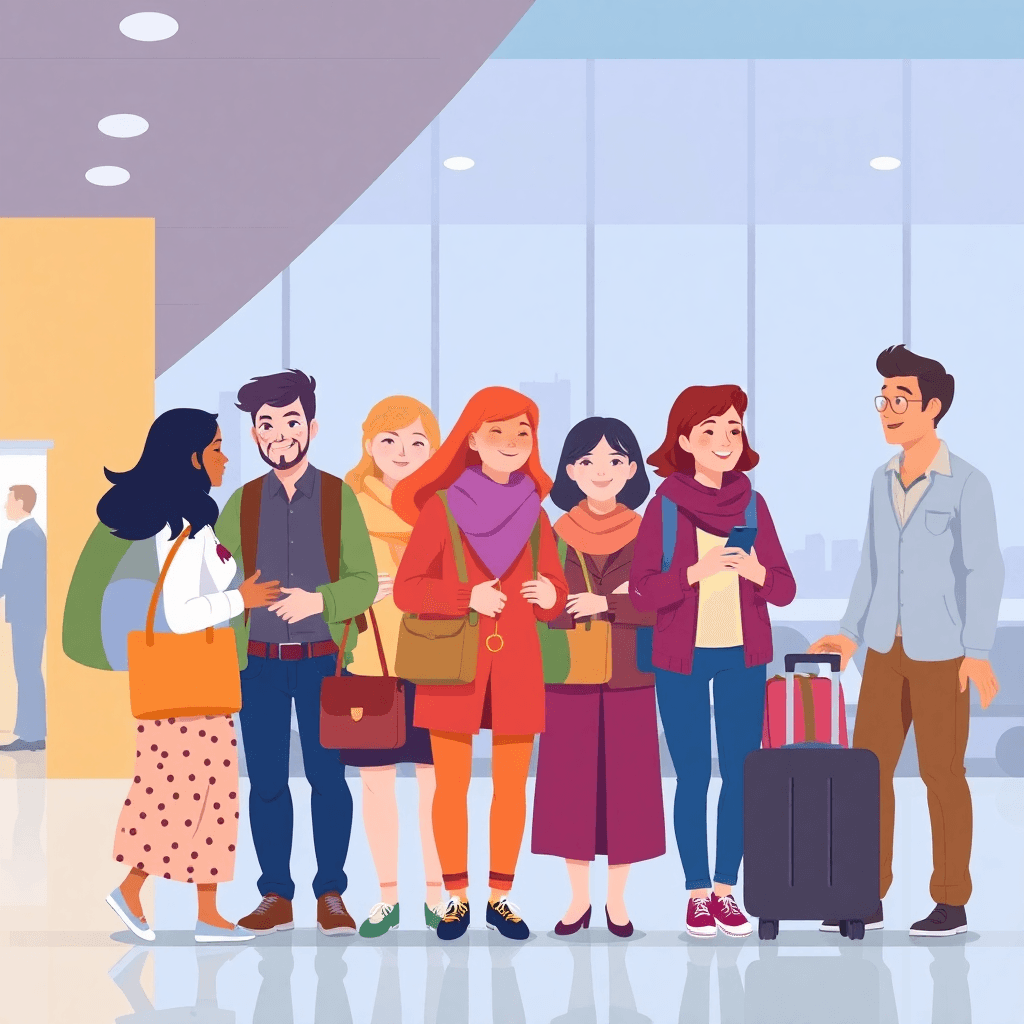 Diverse travelers helping each other at the airport.